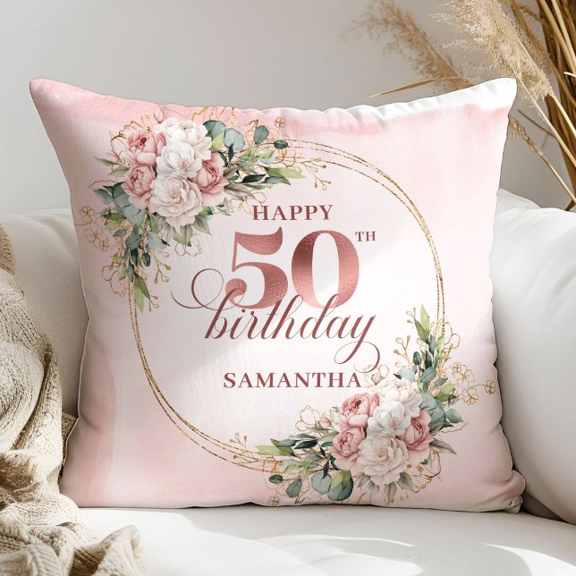 Blush Floral Rose Gold 50th Birthday Pillow Gift Kussen (Blush Floral Rose Gold 50th Birthday Pillow Gift)