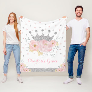 Blush Floral Royal Princess Silver Crown Fleece Deken