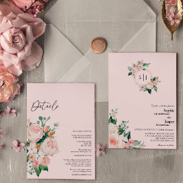 Blush Floral roze monogram in één bruiloft Kaart