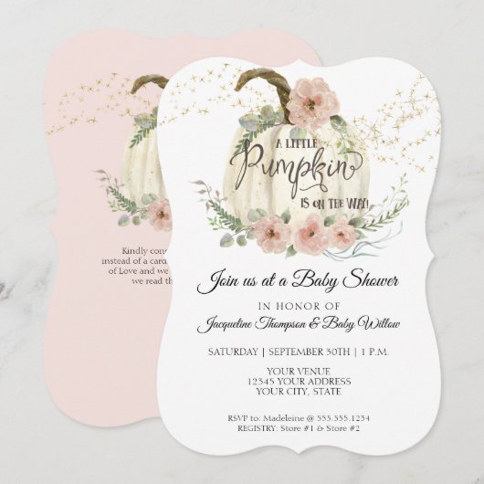 Blush Floral Rozen Herfst White Pumpkin Baby showe Kaart (Voorkant / Achterkant)