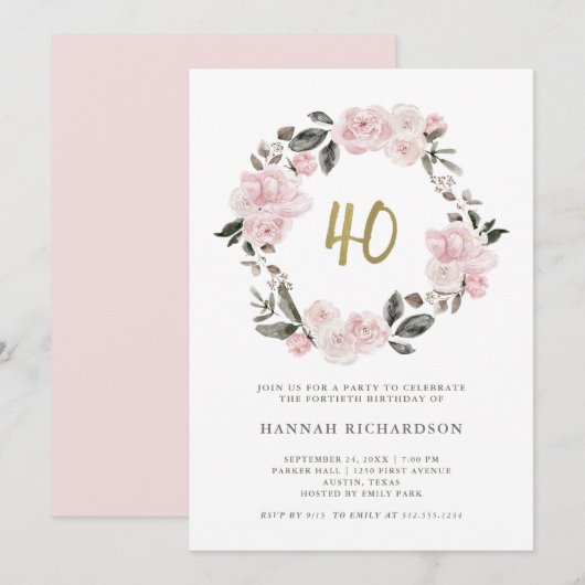 Blush Floral | Rozen van de Waterverf 40e verjaard Kaart (Voorkant / Achterkant)