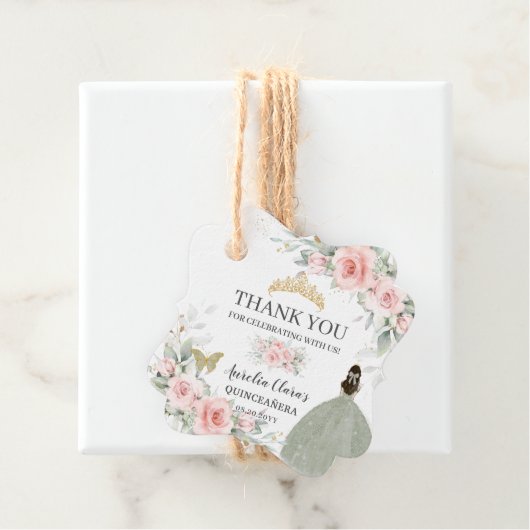 Blush Floral Sage Green Gold Quinceanera Sweet 16 Bedankjes Labels (In situ)