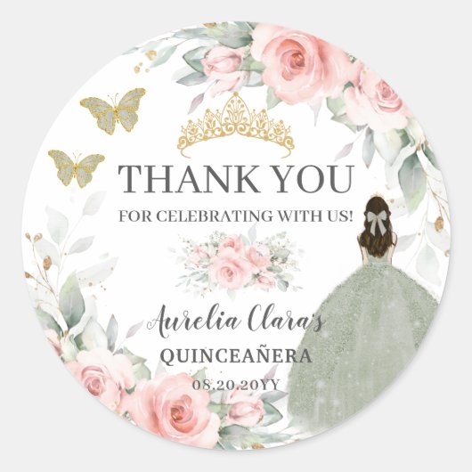Blush Floral Sage Green Gold Quinceanera Sweet 16 Ronde Sticker (Voorkant)