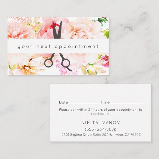Blush Floral Salon Scissors Logo Benoeming Visitekaartje (Voorkant / Achterkant)