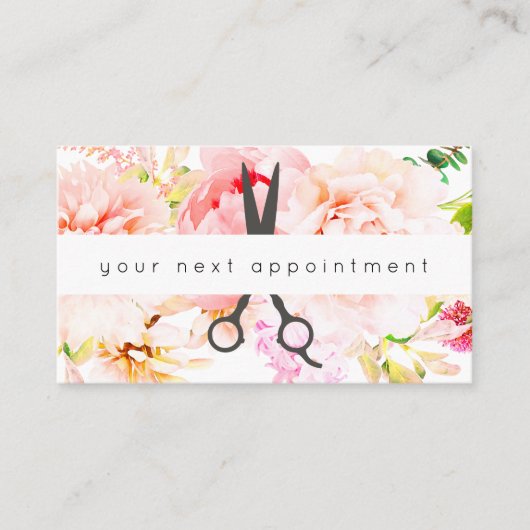 Blush Floral Salon Scissors Logo Benoeming Visitekaartje (Voorkant)