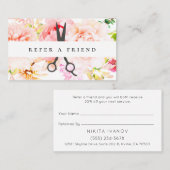 Blush Floral Salon Scissors Logo Verwijs een vrien Visitekaartje (Voorkant / Achterkant)