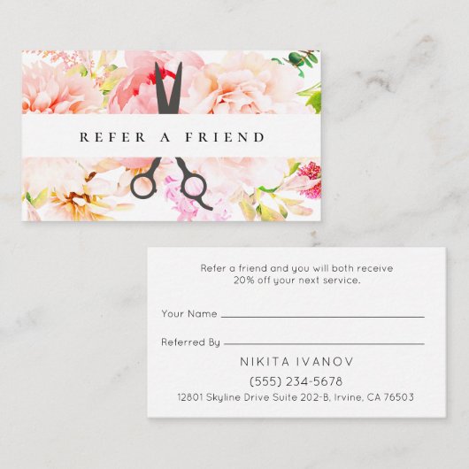 Blush Floral Salon Scissors Logo Verwijs een vrien Visitekaartje (Voorkant / Achterkant)