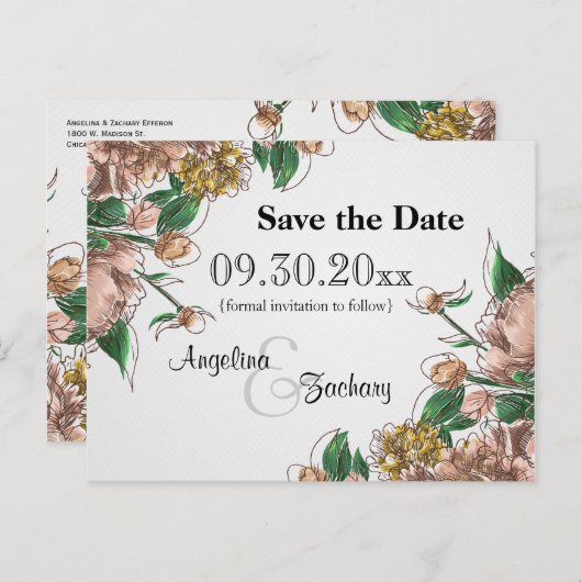 Blush Floral Save the Date Wedding Post Card Aankondigingskaart (Voorkant / Achterkant)