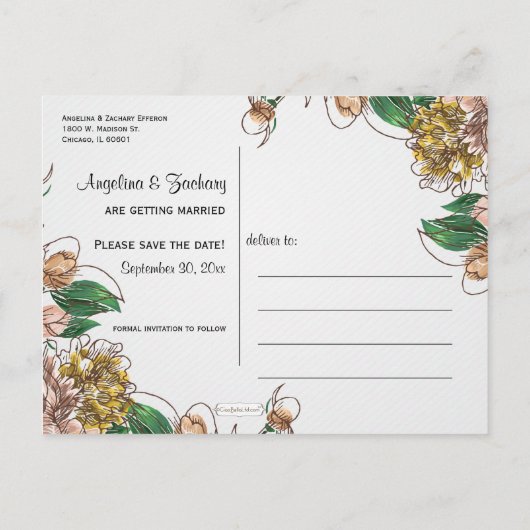 Blush Floral Save the Date Wedding Post Card Aankondigingskaart (Achterkant)