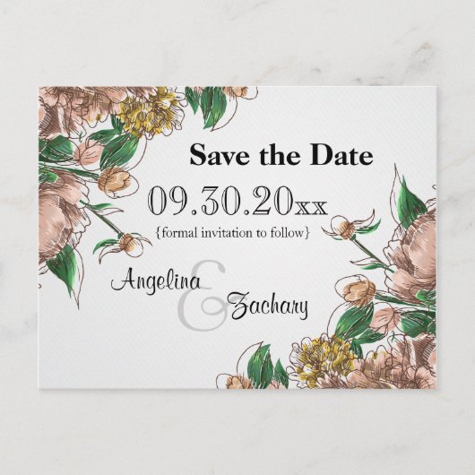 Blush Floral Save the Date Wedding Post Card Aankondigingskaart (Voorkant)