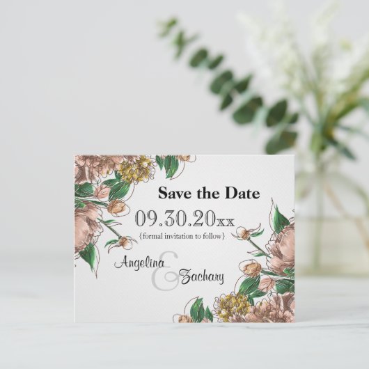 Blush Floral Save the Date Wedding Post Card Aankondigingskaart (Staand voorkant)
