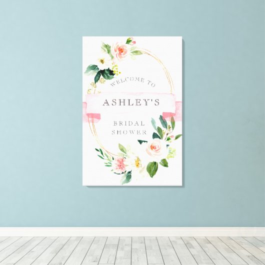 Blush Floral Shower Welkomstbord Canvas Afdruk (Insitu (Houten vloer))