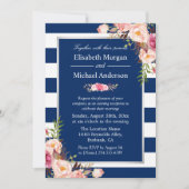 Blush Floral Silver Navy Blue Stripes Wedding Kaart (Voorkant)