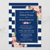 Blush Floral Silver Navy Blue Stripes Wedding Kaart (Voorkant / Achterkant)