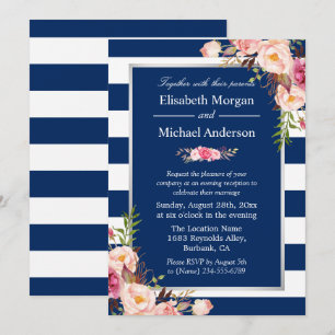 Blush Floral Silver Navy Blue Stripes Wedding Kaart