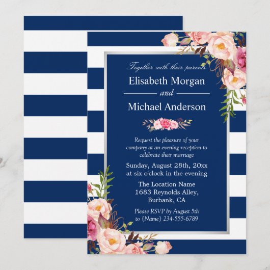 Blush Floral Silver Navy Blue Stripes Wedding Kaart (Voorkant / Achterkant)