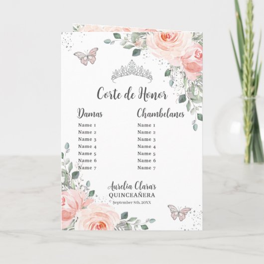 Blush Floral Silver Quinceañera Orde van Gebeurten Programma (Achterkant)