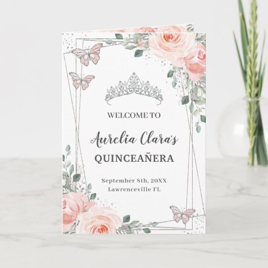 Blush Floral Silver Quinceañera Orde van Gebeurten Programma (Voorkant)