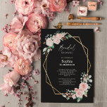 Blush Floral Simple Black Wedding Vrijgezellenfees Kaart<br><div class="desc">Deze bloedige, eenvoudige zwarte bruidsbruiddoucheuitnodiging biedt een prachtige chic-neutrale achtergrond van zwart of wit met eenvoudige moderne typografie en elegante kalligrafie om een gesofisticeerde toon te zetten voor elke stijl van gebeurtenissen. Elk product is voorzien van prachtige blush roze rozen en perzik en ivoor hydrangeas, die voorzien zijn van elush...</div>