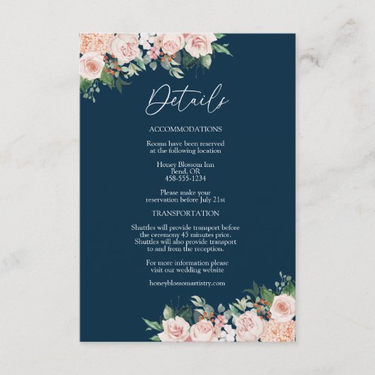 Blush Floral Simple Navy Wedding Details Informatiekaartje (Voorkant)