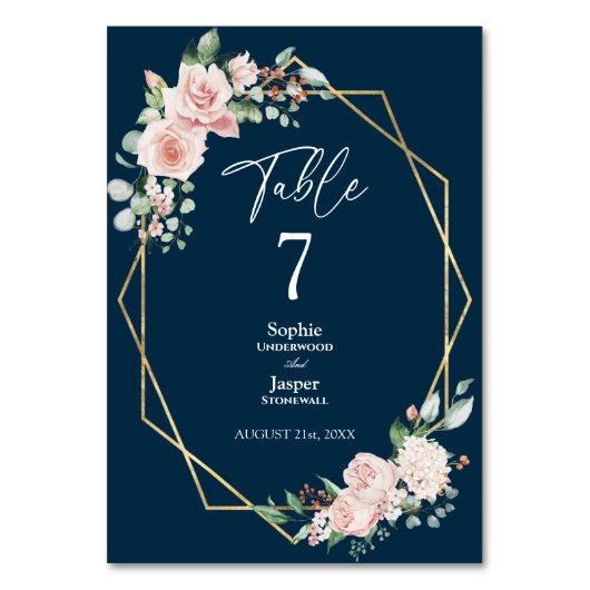 Blush Floral Simple Navy Wedding Table Number Kaart (Voorkant)