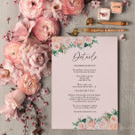 Blush Floral Simple Pink Weddenschap Details Informatiekaartje<br><div class="desc">Deze bloedige, eenvoudige roze trouwdetails omhullingskaart is voorzien van prachtige, klassieke kerkelijke achtergronden van pastelroze en marineblauw met eenvoudige moderne typografie en elegante kalligrafie om een geavanceerde toon aan te geven voor elke stijl van gebeurtenissen. Elk product is voorzien van prachtige blush roze rozen en perzik en ivoor hydrangeas, die...</div>