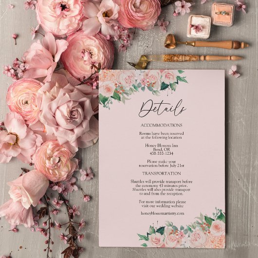 Blush Floral Simple Pink Weddenschap Details Informatiekaartje