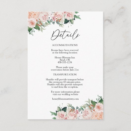 Blush Floral Simple White Wedding Details Informatiekaartje (Voorkant)