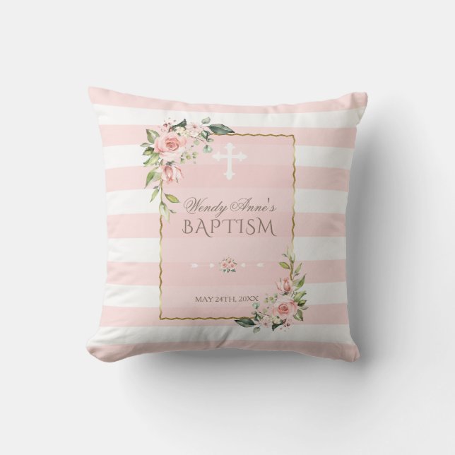 Blush Floral Stripes Gold Lijst Baptisme Monogram Kussen (Voorkant)