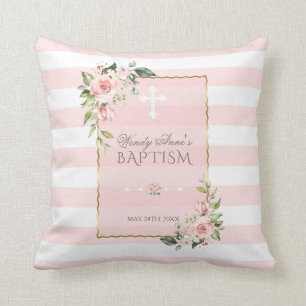 Blush Floral Stripes Gold Lijst Baptisme Monogram Kussen