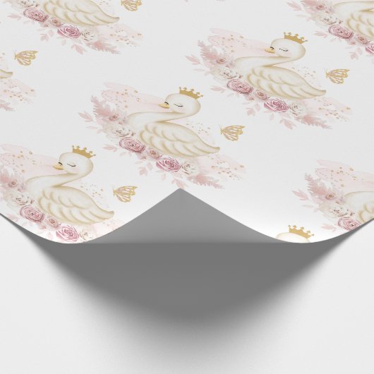 Blush Floral Swan Princess Baby shower Birthday Cadeaupapier (Hoek)