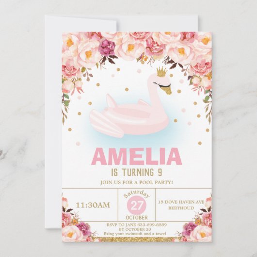 Blush Floral Swan Princess Pool Birthday Party Kaart (Voorkant)