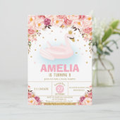 Blush Floral Swan Princess Pool Birthday Party Kaart (Staand voorkant)