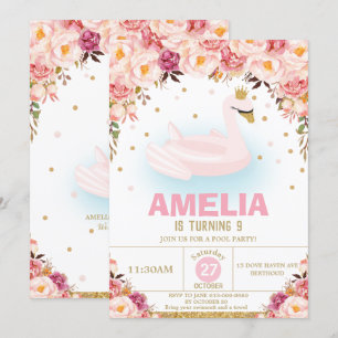 Blush Floral Swan Princess Pool Birthday Party Kaart