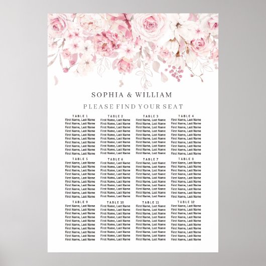 Blush Floral Table Wedding Seating Chart Poster (Voorkant)