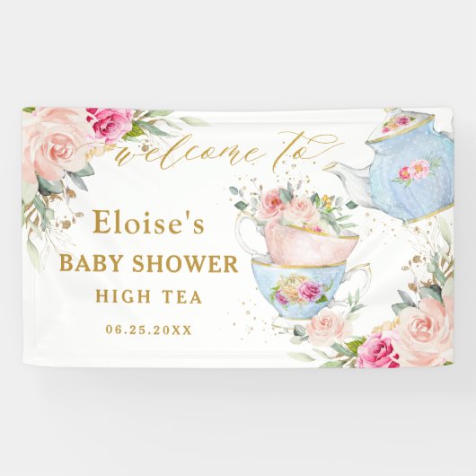Blush Floral Tea Party Bridal Baby shower Backdrop Spandoek (Horizontaal)