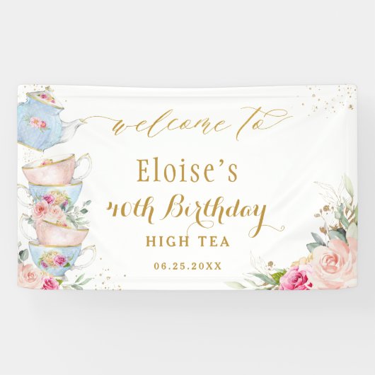 Blush Floral Tea Party Bridal Baby shower Backdrop Spandoek (Horizontaal)