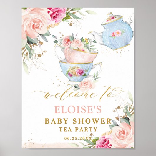 Blush Floral Tea Party Bridal Baby shower Welkom Poster (Voorkant)
