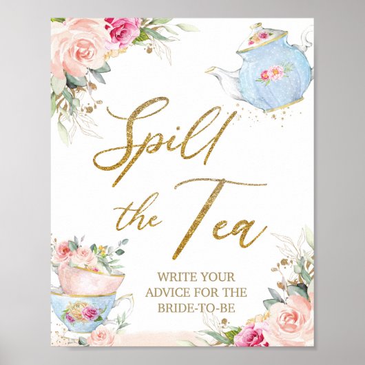 Blush Floral Tea Party Spill the Tea Vrijgezellenf Poster (Voorkant)