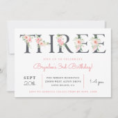 Blush Floral THREE | 3e verjaardag feest Kaart (Voorkant)