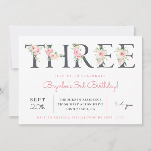 Blush Floral THREE | 3e verjaardag feest Kaart (Voorkant)