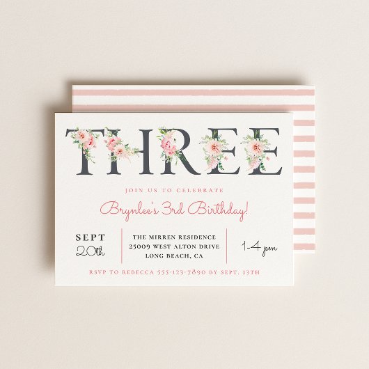 Blush Floral THREE | 3e verjaardag feest Kaart