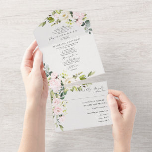Blush Floral Traditional Wording Quinceañera All In One Uitnodiging
