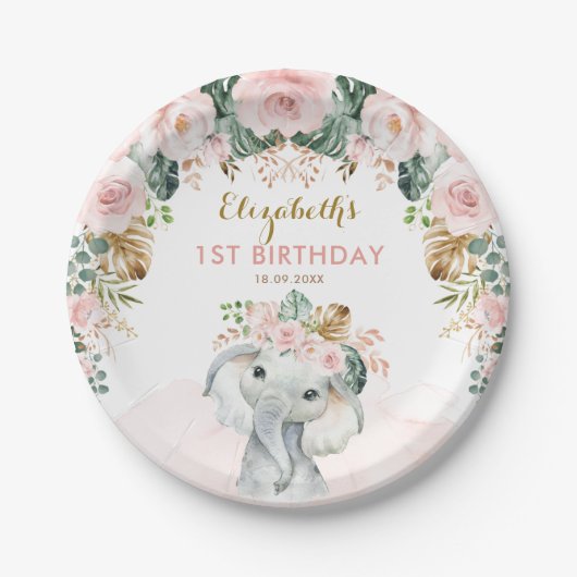 Blush Floral Tropical Boho Elephant Birthday Girl Papieren Bordje (Voorkant)