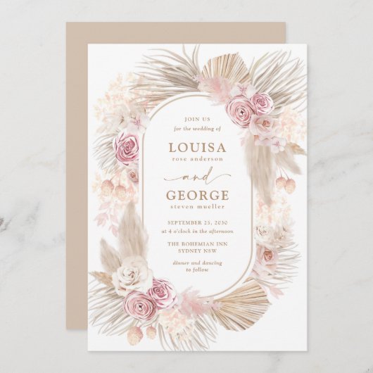 Blush Floral Tropical Boho Pampas Grass Wedding Kaart (Voorkant / Achterkant)