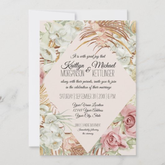 Blush Floral Tropical Palm Pampas Grass Greenery Kaart (Voorkant)