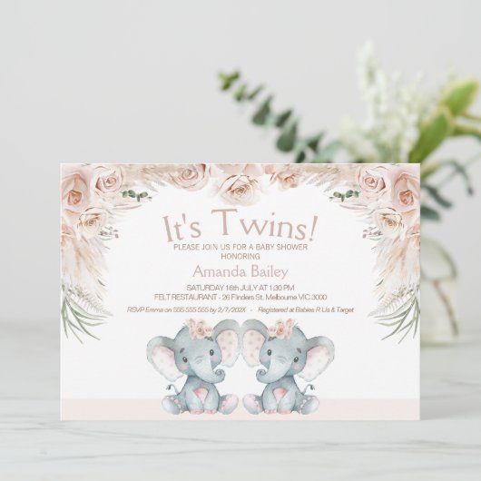 Blush Floral Twin Elephants Baby shower Kaart (Staand voorkant)
