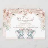 Blush Floral Twin Elephants Baby shower Kaart (Voorkant / Achterkant)