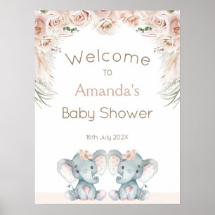 Blush Floral Twin Elephants Baby shower Welkom Poster