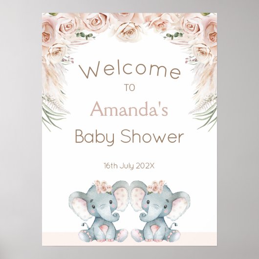 Blush Floral Twin Elephants Baby shower Welkom Poster (Voorkant)